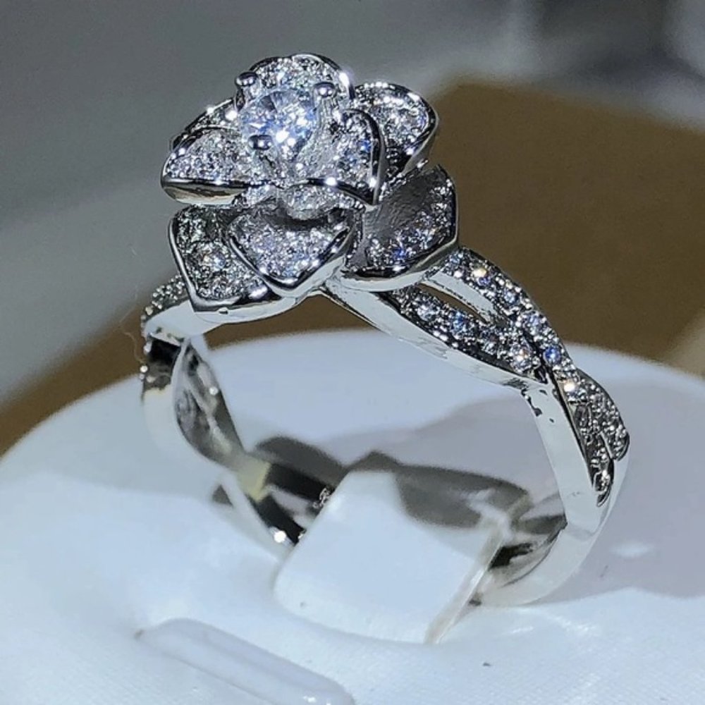 925 Sterling Silver Three-Dimensional Rose Ring Zircon Full Diamond Temp. - Picture 4 of 5